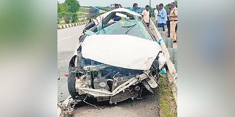 The remains of the car damaged in the accident in Mukpal