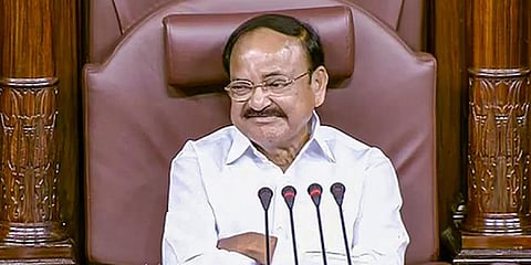 Outgoing Rajya Sabha Chairman M Venkaiah Naidu during his farewell in the House, in New Delhi August 8, 2022. (Photo | Sansad TV screengrab)