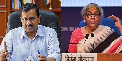 Delhi Chief Minister Arvind Kejriwal; Finance Minister Nirmala Sitharaman. (File Photos | PTI)