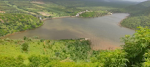 Drone view of Vani Vilas Sagar dam at VV Pura village of Hiriyur taluk on Thursday. (Photo | EPS)