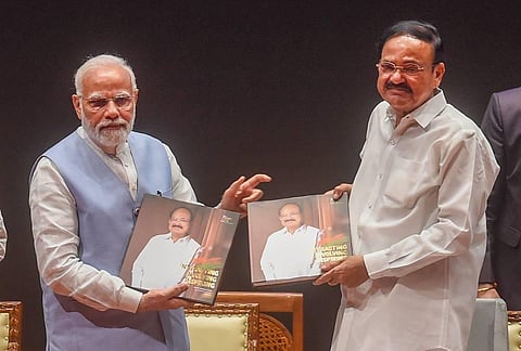 Outgoing Vice President M. Venkaiah Naidu with Prime Minister Narendra Modi during a farewell function organised for him, in New Delhi, Monday, Aug. 8, 2022. (Photo | PTI)