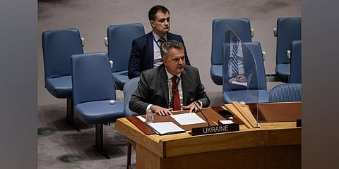 Sergiy Kyslytsya, Permanent Representative of Ukraine to the United Nations speaks as he attends a Security Council meeting at the UN headquarters in New York. (Photo | AFP)