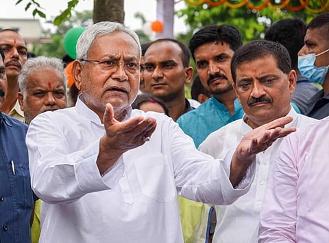 Bihar Chief Minister Nitish Kumar interacts with the media, in Patna, Friday, Aug. 12, 2022. (Photo | PTI)