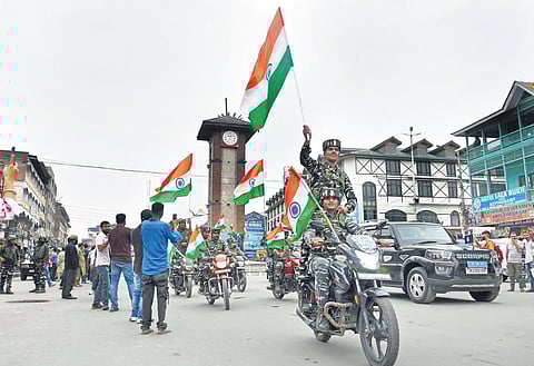 CRPF officials and jawans participate in a Tiranga bike rally during the celebration of ‘Azadi Ka Amrit Mahotsav’ at Ghanta Ghar, Lal Chowk, in Srinagar on Thursday | Zahoor Punjabi