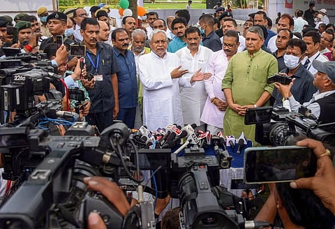 Bihar Chief Minister Nitish Kumar interacts with the media during an event on the occasion of 'Vriksh Suraksha Diwas', in Patna. (Photo | PTI)