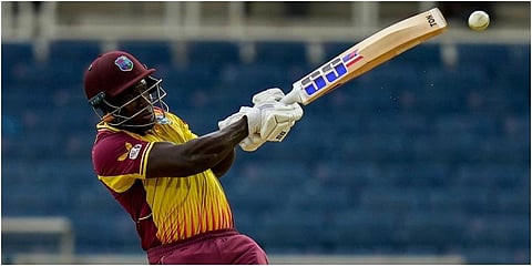 West Indies' Rovman Powell plays a shot against New Zealand during the second T20 cricket match at Sabina Park in Kingston. (Photo | AP)