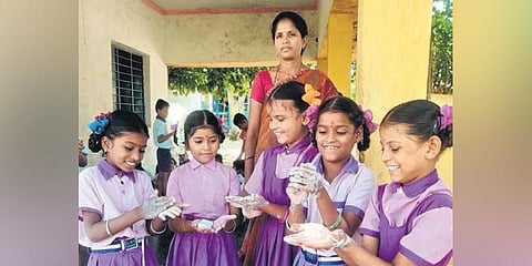 M Kalyani Kumari with her students at JM Thanda Mandal Parisath Elementary School in Kurnool district | Express