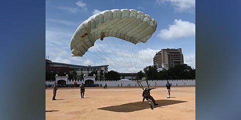 Paragliders rehearse for the 75th Independence Day celebrations at Manekshaw Parade Ground. (Photo | Nagaraja Gadekal)