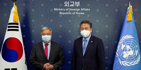 UN Secretary-General Antonio Guterres (L) and South Korean Foreign Minister Park Jin pose for photographers prior to their meeting at the Foreign Ministry in Seoul on August 12, 2022. (Photo | AFP)