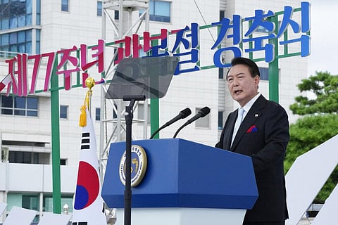South Korean President Yoon Suk Yeol speaks during a ceremony to celebrate Korean Liberation Day from Japanese colonial rule in 1945, at the presidential office square in Seoul. (Photo | AP)
