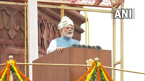 Prime Minister Narendra Modi addresses the nation from the ramparts of the Red Fort in New Delhi on Independence Day. (Photo | ANI Twitter)