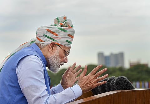 Prime Minister Narendra Modi gestures as he addresses the nation Red Fort on the occasion of the 75th Independence Day, in New Delhi. (Photo |PTI)