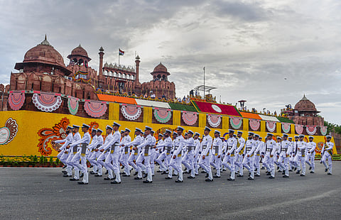 Navy personnel march during the 76th Independence Day function at the Red Fort, in New Delhi. (Photo |PTI)