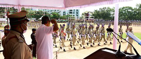 Chief Minister Pinarayi Vijayan receiving the Guard of Honor at the Independence Day celebrations at Central Stadium, Thiruvananthapuram. (Photo | PRD)