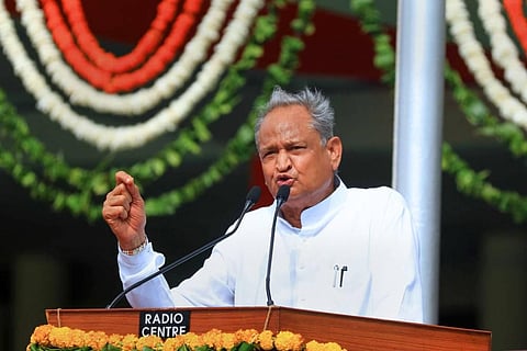 Rajasthan Chief Minister Ashok Gehlot addresses during a function at the Sawai Mansingh Stadium on the occasion of 76th Independence Day. (Photo|PTI)