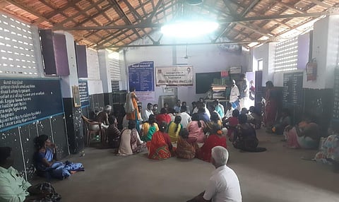The grama sabha meeting under way at Perali panchayat in Perambalur district on Monday | Express