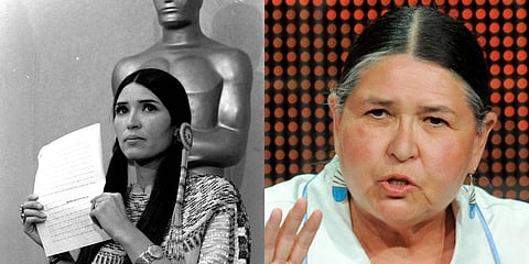 Sacheen Littlefeather speaks at the 1973 Oscars ceremony (left); a recent photo of the activist who is now 75 years old. (File Photos | AP)