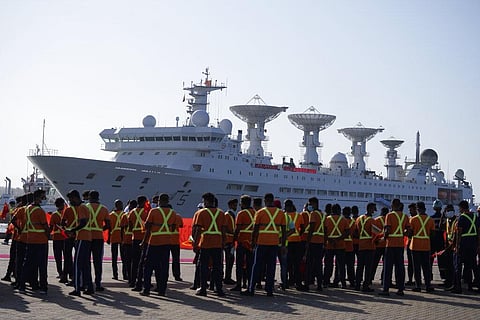 Yuan Wang 5, a Chinese scientific research ship, arrives at the port in Hambantota, Sri Lanka, Tuesday, Aug. 16, 2022.(Photo | AP)