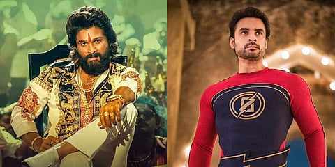 Allu Arjun in a still from 'Pushpa'; Tovino Thomas in a still from 'Minnal Murali'.