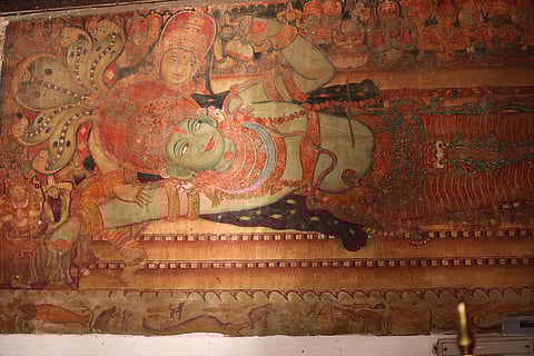 A mural of ‘Ananthasayanam’l at Ettumanoor temple.