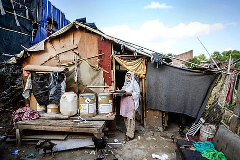 37-year-old Tasleema poses for photographs at the Rohinya refugee settlement area in Kalindi Kunj, New Delhi. (Photo | PTI)