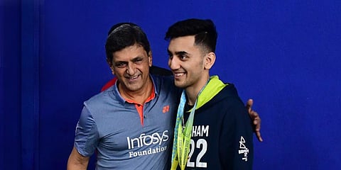 (From left) Prakash Padukone with Lakshya Sen on his homecoming after his Commonwealth win.