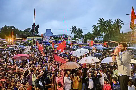 Shiv Sena leader Aaditya Thackeray during 'Shiv Samvad Yatra' in Mumbai. (Photo | PTI)