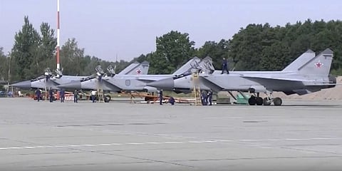 Three MiG-31 fighter jets of the Russian air force stand after lending at the Chkalovsk air base in the Kaliningrad region. (Photo | AP)