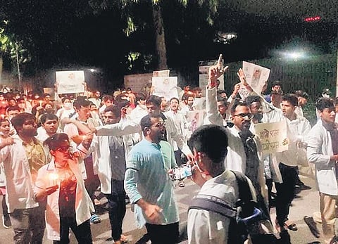 AIIMS students protest demanding hostel rooms on Thursday. (Photo | Express)