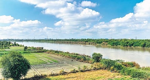 Monsoon clouds in the sky over the Yamuna river on Thursday. (Photo | PTI)