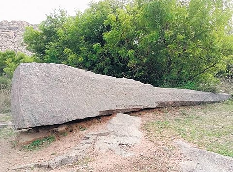 One of the nine stone pillars near Paruthipattu hill | Express