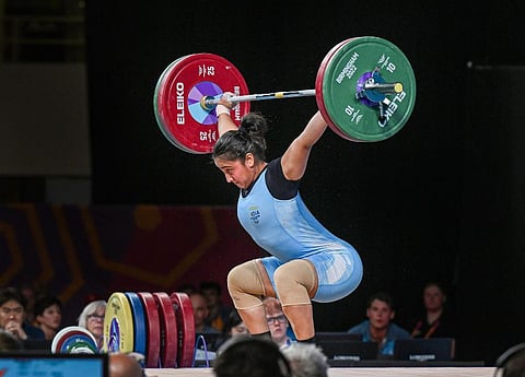 India's Harjinder Kaur competes in the women's 71kg category weightlifting event, at the Commonwealth Games 2022 (CWG), in Birmingham, UK. (Photo | PTI)