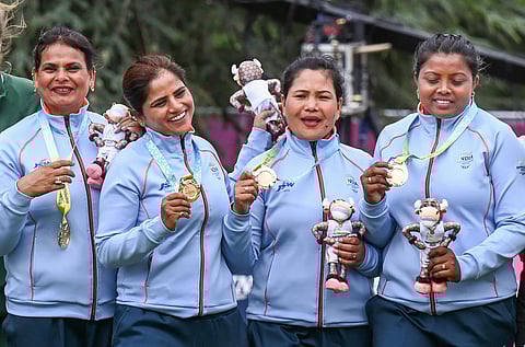 India's Lovely Choubey, Pinki, Nayanmoni Saikia and Rupa Rani Tirkey won the Lawn Bowls Women's Fours match at the Commonwealth Games 2022, in Birmingham, on August 2, 2022. (Photo | PTI)