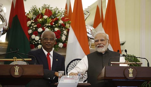 PM Modi and Maldives President Solih jointly pressed a button to pour concrete to mark the start of the Greater Male Connectivity Project's construction, on Aug 2, 2022. (Photo | Shekhar Yadav, EPS)