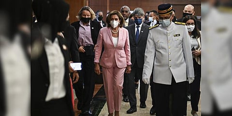 Pelosi arrived in Malaysia on Tuesday for the second leg of an Asian tour that has been clouded by an expected stop in Taiwan.(Photo | AP)