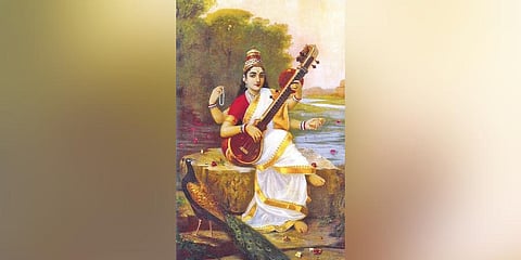 Saraswati is the Goddess of learning, knowledge, speech, art and music
