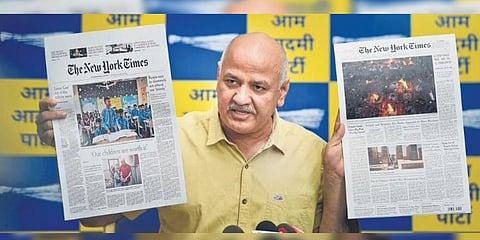 Deputy Chief Minister of Delhi Manish Sisodia addresses a press conference in New Delhi, Saturday. (Photo | PTI)