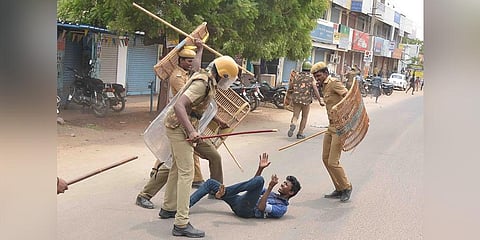 File photo of police personnel attacking an anti-Sterlite protester. (Photo | Express)