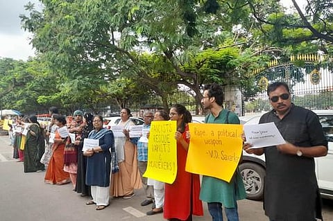 Activists stage a protest at Dharna Chowk, Indira Park on Saturday against the release of convicts in Bilkis Bano case