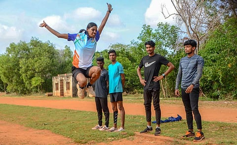 Head constable MS Krishna Rekha trains youngsters in Nagercoil. (Photo | V Karthikalagu)