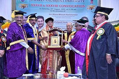 Chief Justice of India NV Ramana being conferred honorary doctorate at the 37th and 38th convocation of Acharya Nagarjuna University (ANU) on Saturday I Express