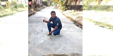  P Chandrasekaran on the concrete road funded by him in Nallavur | Express 