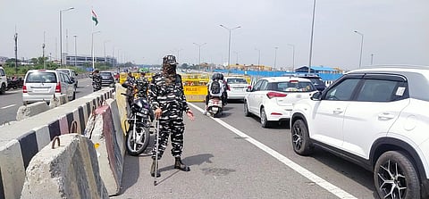 Security increased at Ghazipur border on the Delhi-Meerut expressway ahead of the call given by farmers to protest at Jantar Mantar on Monday.(Photo | EPS, Parveen Negi)