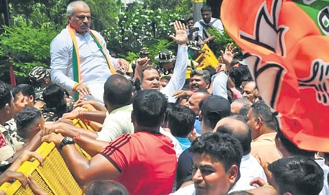 BJP workers and supporters were led by party’s state unit chief Adesh Gupta | Express