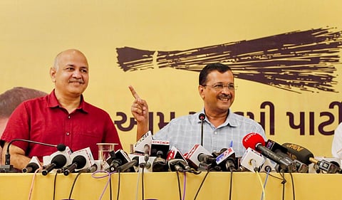 Delhi Chief Minister Arvind Kejriwal and Deputy Chief Minister Manish Sisodia address a press conference in Ahmedabad, Monday, Aug. 22, 2022. (Photo | PTI)