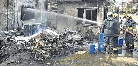 Firefighters douse the flames at the Sridhara Biotech Private Limited unit in Jeedimetla on Monday | Vinay Madapu