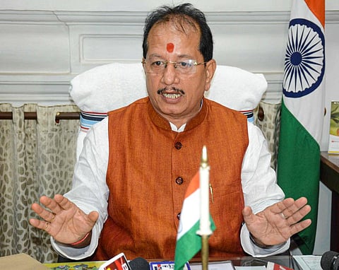 Bihar Assembly speaker Vijay Kumar Sinha speaks to media before Nitish Kumar-led Grand Alliance government's floor test in Bihar Assembly, in Patna. (Photo | PTI)