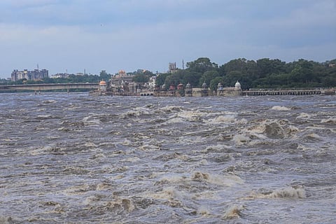 Swollen Chambal river following incessant monsoon rains, in Kota, Tuesday, Aug. 23, 2022. (Photo | PTI)
