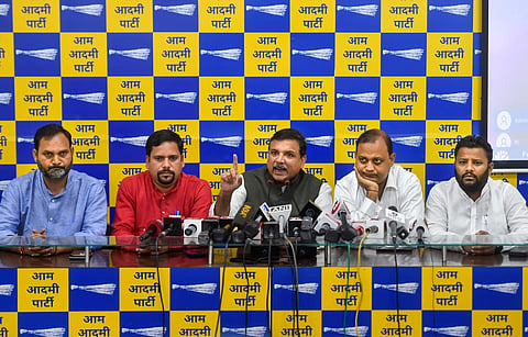 Aam Aadmi Party (AAP) Sanjay Singh and other party leaders during a press conference in New Delhi. (Photo | PTI)