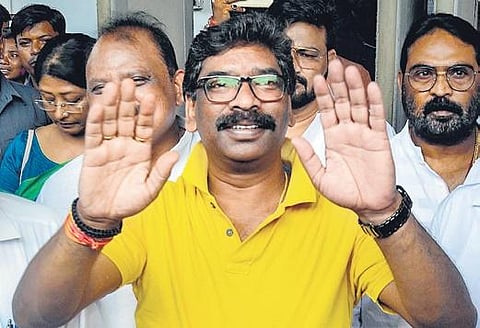 Jharkhand CM Hemant Soren gestures to media after a cabinet meeting (Photo | PTI)